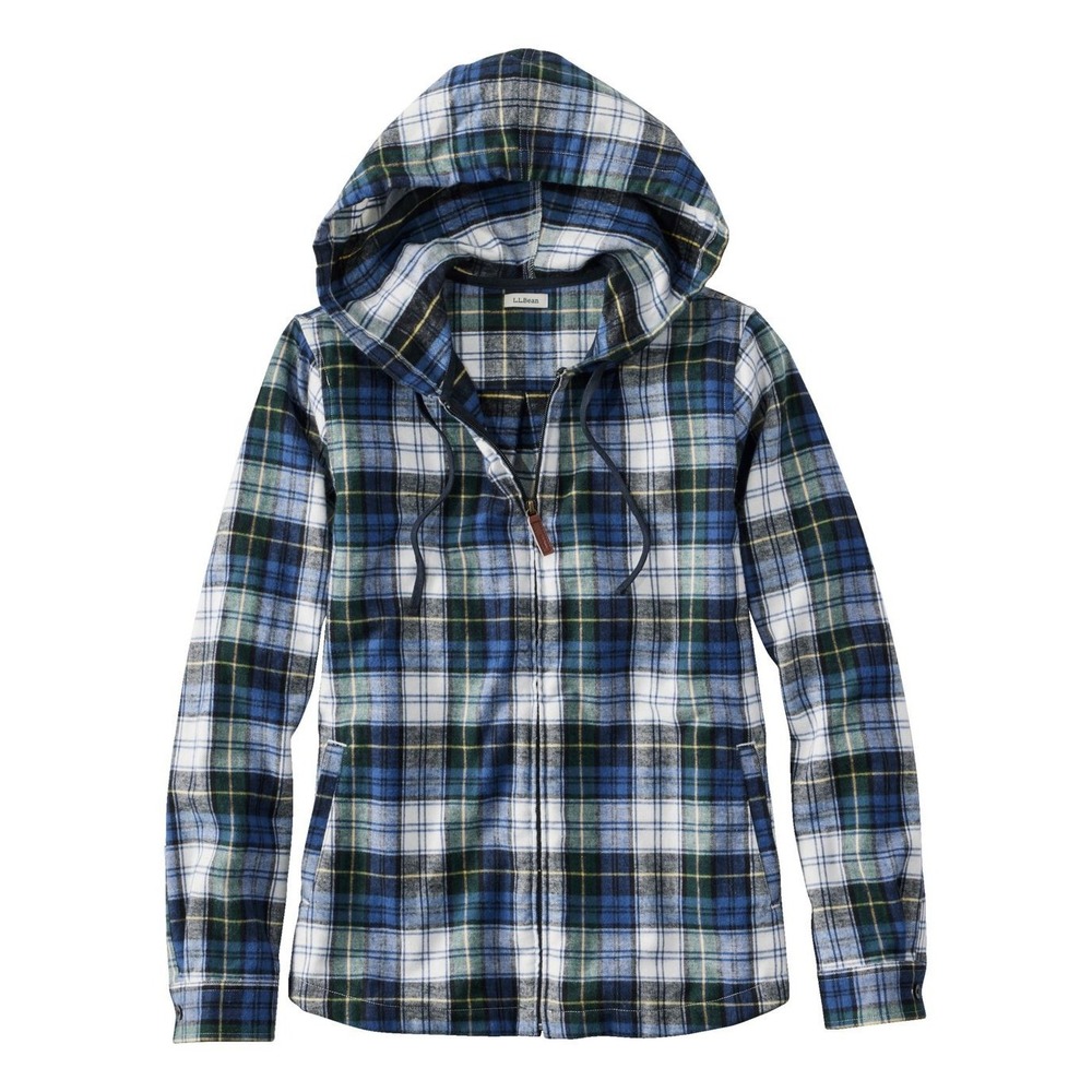 LL Bean Scotch Plaid Flannel Full Zip Shirt Hoodie Womens XL Relaxed Fit Cotton